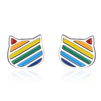 Rainbow Color Pride Flag Enamel Cat Stud Earrings, Platinum Brass Jewelry for Women, Colorful, 7mm