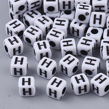 White Opaque Acrylic Beads, Horizontal Hole, Cube with Black Alphabet, Letter.H, 4~5x4~5x4~5mm, Hole: 1.8mm, about 6470~6500pcs/500g