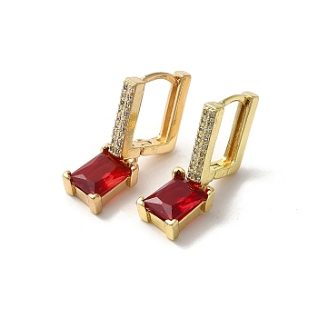 Rectangle Real 18K Gold Plated Brass Dangle Hoop Earrings, with Cubic Zirconia and Glass, Red, 25x7mm