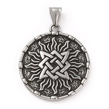 304 Stainless Steel Pendants, with 201 Stainless Steel Snap on Bails, Flat Round with Knot Charms, Antique Silver, 40x35.5x3.5mm, Hole: 9.5x4.5mm