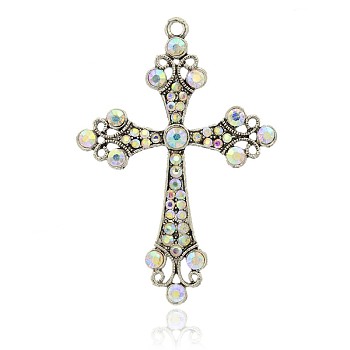 Alloy Rhinestone Big Pendants, Latin Cross Clenchee, Antique Silver, Crystal AB, 73x51x5mm, Hole: 3mm