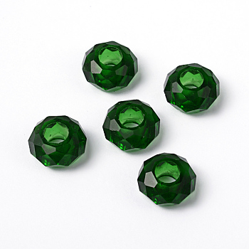 Fascinating No Metal Core Rondelle Dark Green Charm Glass Large Hole European Beads Fits Bracelets & Necklaces, about 14mm in diameter, 8mm thick, hole: 5mm