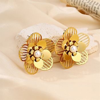 304 Stainless Steel Stud Earrings, Flower, with Plastic Pearl, Golden, 37x39mm