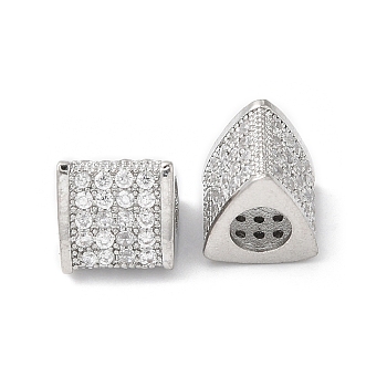 Brass Micro Pave Cubic Zirconia European Beads, Large Hole Beads, Triangle, Real Platinum Plated, 8.5x8x8mm, Hole: 4.5mm