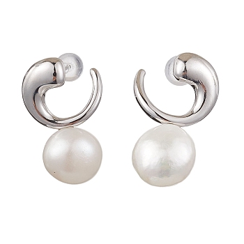 Natural Pearl Ear Studs, with Sterling Silver Findings, Round, Platinum, 23x15mm