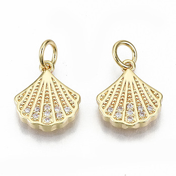 Brass Micro Pave Clear Cubic Zirconia Charms, with Jump Rings, Nickel Free, Shell Shape, Real 16K Gold Plated, 12.5x11x2.5mm, Jump Ring: 5x0.8mm, 3.4mm inner diameter