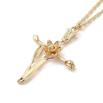 304 Stainless Steel Cross with Flower Pendant Necklaces for Women, Golden, 17.91 inch(45.5cm),