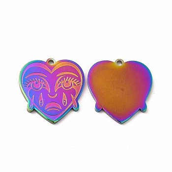 Ion Plating(IP) 304 Stainless Steel Pendants, Crying Face Heart Charms, Rainbow Color, 20x19x1.4mm, Hole: 1.5mm