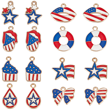 40Pcs 8 Styles Alloy Enamel Pendants, Independence Day Theme, Light Gold, Mixed Shapes, Colorful, 13~18x10.5~18x1.3~1.5mm, Hole: 1.5~1.8mm, 5pcs/style