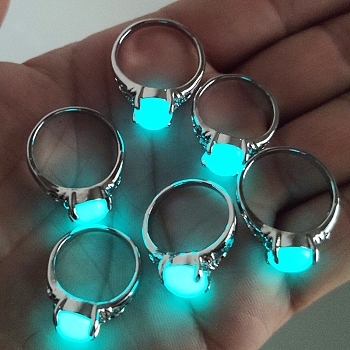 Synthetic Luminous Stone Oval Finger Ring, Glow In The Dark Alloy Jewelry for Women, Platinum, US Size 7 3/4(17.9mm)