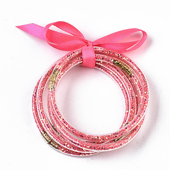 PVC Plastic Buddhist Bangle Sets, Jelly Bangles, with Paillette/Sequins and Polyester Ribbon, Deep Pink, 2-1/2 inch(6.5cm), 5pcs/set