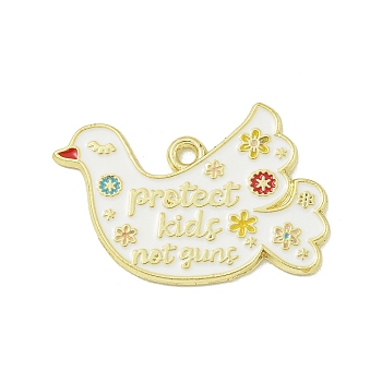 Alloy Enamel Pendants, Golden, Dove of Peace Charm, Word Protect Kids Not Guns, 19.5x30x1.5mm, Hole: 1.8mm