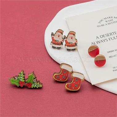 4 Pairs Santa Claus & Holly Leaves & Christmas Socking Printed Wood Stud Earrings(EJEW-OY001-02)-4