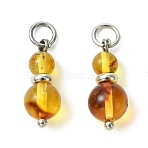 Natural Amber Pendants, Round Beaded Charms, with 304 Stainless Steel Open Jump Rings, Gold, Stainless Steel Color, 16.5x6.5~7mm, Hole: 3.5mm(PALLOY-JF05977)