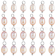 24Pcs Natural Freshwater Pearl Pendants, Rice Charms, with Platinum Plated Brass Loops, Pink, 13.5~15.7x6~7mm, Hole: 2.5~3mm(PALLOY-AB00066)