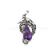 Natural Amethyst Brass Pendants, Flying Dragon Charms with Faceted Teardrop Gems, Antique Silver, 38x22x6mm(G-PW0004-66H)