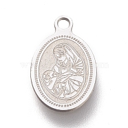 304 Stainless Steel Charms, Laser Cut, Oval with Virgin Mary & Divine Child, Stainless Steel Color, 14.5x9x0.5mm, Hole: 1.2mm(STAS-M228-J01-P)