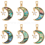 6Pcs Brass Clear Cubic Zirconia Pendants, with Synthetic Abalone Shell/Paua Shells, Moon with Star Charms, Real 18K Gold Plated, 19x13x2mm, Hole: 2.5x5mm(KK-BBC0008-50)