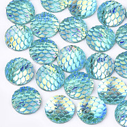 Resin Cabochons, AB-Color, Flat Round with Mermaid Fish Scale, Dark Turquoise, 12x3mm(CRES-Q207-12mm-02)