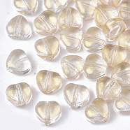 Transparent Spray Painted Glass Beads, with Glitter Powder, Heart, Pale Goldenrod, 6x6x4mm, Hole: 0.9mm(GLAA-N035-02-D01)
