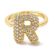 Rack Plating Letter Brass Micro Pave Clear Cubic Zirconia Adjustable Rings for Women, Real 18K Gold Plated, Letter R, 14x12mm, Inner Diameter: 17mm(KK-S391-03G-R)