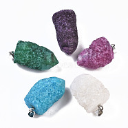 Rough Raw Electroplate Natural Druzy Agate Pendants, with Platinum Tone Iron Pinch Bail, Dyed, Nuggets, Mixed Color, 32~40x21~25x18~21mm, Hole: 7x4mm(G-S359-274)