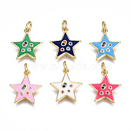Brass Micro Pave Cubic Zirconia Enamel Charms, with Jump Rings, Nickel Free, Star, Real 16K Gold Plated, Mixed Color, 15x13.5x2mm, Jump Ring: 5x0.8mm, 3mm inner diameter(ZIRC-Q200-025-NF)