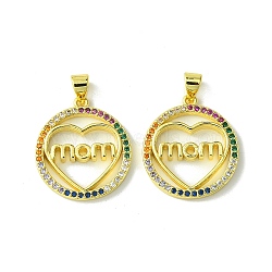 Mother's Day Brass Micro Pave Cubic Zirconia Pendants, Word Mom, Real 18K Gold Plated, 22.5x20x3mm, Hole: 5mm(KK-H472-07G-01)