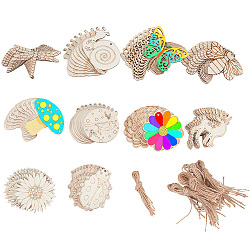 ARRICRAFT 100 Sets 10 Style Unfinished Wood Pendant Decorations, Kids Painting Supplies, Wall Decorations, with Burlap Ropes, Animal/Mushroom/Flower, Mixed Shapes, 61.5~89x57~98.5x2mm, Hole: 3~19mm, Rope: 240~245x1.5mm, 10 sets/style(AJEW-AR0001-70)