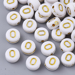 Plating Acrylic Beads, Golden Metal Enlaced, Horizontal Hole, Flat Round with Alphabet, White, Letter.O, 7x3.5mm, Hole: 1.2mm, about 3600pcs/500g(PACR-R242-01O)