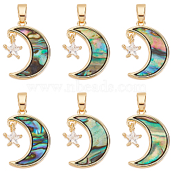 6Pcs Brass Clear Cubic Zirconia Pendants, with Synthetic Abalone Shell/Paua Shells, Moon with Star Charms, Real 18K Gold Plated, 19x13x2mm, Hole: 2.5x5mm(KK-BBC0008-50)