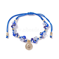 Round Evil Eye Braided Bead Bracelet with Coin Charm, Lucky Friendship Bracelet for Women, Blue, Inner Diameter: 1-5/8~3-1/2 inch(4~9cm)(BJEW-TA00062-02)