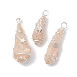 Electroplated Natural Quartz Crystal Dyed Copper Wire Wrapped Pendants, Teardrop Charms with Brass Star, Silver Color Plated, Wheat, 27~37x7~13x6.5~10.5mm, Hole: 3.5mm(PALLOY-JF02327-07)