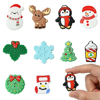 10Pcs 10 Styles Christmas Food Grade Eco-Friendly Silicone Focal Beads, Silicone Teething Beads, Mixed Shapes, 26~32x18~31.5x7~9.5mm, Hole: 2~3mm, 1pc/style