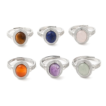 Natural Gemstone Oval Adjustable Ring, Platinum Brass Jewelry for Women, Cadmium Free & Lead Free, 2.5~3.3mm, Inner Diameter: 18.8mm