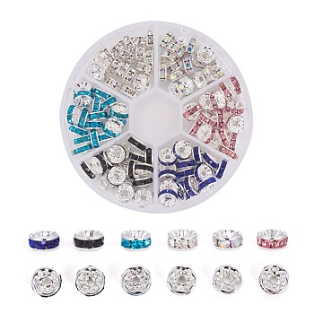 Brass Rhinestone Spacer Beads, Grade AAA, Straight Flange, Silver Color Plated, Rondelle, Mixed Color, 8x3.8mm, hole: 1.5mm, 120pcs/set
