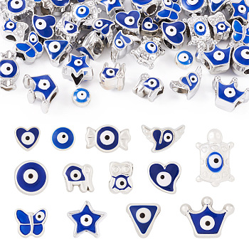 52Pcs 13 Styles Blue Evil Eye Resin European Beads, Large Hole Beads, Eye of the Devil Beads, Silver Color, Mixed Shapes, 8~17.5x5~17x6~10.5mm, Hole: 2~4.5mm, 4pcs/style