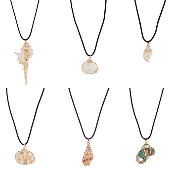 6Pcs 6 Style Natural Shell Pendant Necklaces Set with Wax Cords for Women, Mixed Color, 17.91~18.03 inch(45.5~45.8cm), 1Pc/style