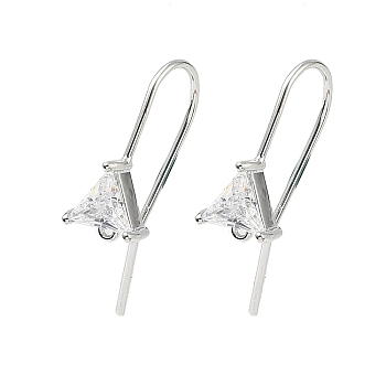 Brass Micro Pave Clear Cubic Zirconia Triangle Earring Hooks, with Loops, Real Platinum Plated, 24x7mm, Hole: 0.8mm, Pin: 0.8mm