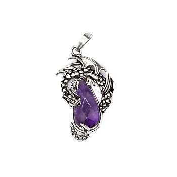Natural Amethyst Brass Pendants, Flying Dragon Charms with Faceted Teardrop Gems, Antique Silver, 38x22x6mm
