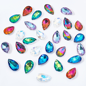 AHADERMAKER 30pcs 5 colors Glass Rhinestone Pendants, Pointed Back & Back Plated, Teardrop, Mixed Color, 28x16.5x9mm, Hole: 1.6mm, 6pcs/color