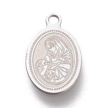 304 Stainless Steel Charms, Laser Cut, Oval with Virgin Mary & Divine Child, Stainless Steel Color, 14.5x9x0.5mm, Hole: 1.2mm