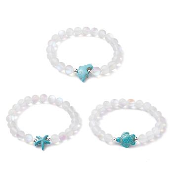 3Pcs Beach Dolphin & Turtle & Starfish Dyed Synthetic Turquoise Bead Bracelets, 8mm Round Synthetic Moonstone Beaded Stretch Bracelets for Women Men, Turquoise, Inner Diameter: 2-1/8 inch(5.5cm), 8mm