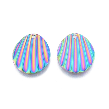 Ion Plating(IP) 201 Stainless Steel Pendant, Shell Effect Textured Charms, Oval, Rainbow Color, 21.5x18x1mm, Hole: 1.6mm