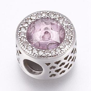 304 Stainless Steel European Beads, Large Hole Beads, with Rhinestone, Flat Round, Light Rose, 12x10mm, Hole: 4.5mm