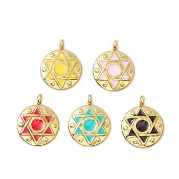 Vacuum Plating 304 Stainless Steel Enamel Pendants, Light Gold, Flat Round with Star of David, Mixed Color, 19x15x4mm, Hole: 2.4mm