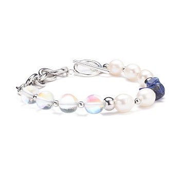 Natural Lapis Lazuli(Dyed) & Synthetic Moonstone & Pearl Beaded Bracelet, Gemstone Jewelry for Women, 7-7/8 inch(20cm)