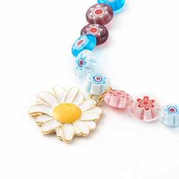 Alloy Enamel Daisy Pendant Necklaces, with Millefiori Glass Beads, Golden, Colorful, 24.40 inch(62cm)