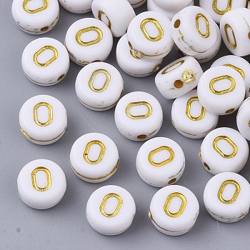 Plating Acrylic Beads, Golden Metal Enlaced, Horizontal Hole, Flat Round with Alphabet, White, Letter.O, 7x3.5mm, Hole: 1.2mm, about 3600pcs/500g