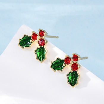 Cubic Zirconia Cherry Stud Earrings with Enamel, Real 18K Gold Plated Brass Jewelry for Women, Cadmium Free & Nickel Free & Lead Free, Colorful, 9x10.5mm, Pin: 0.7mm